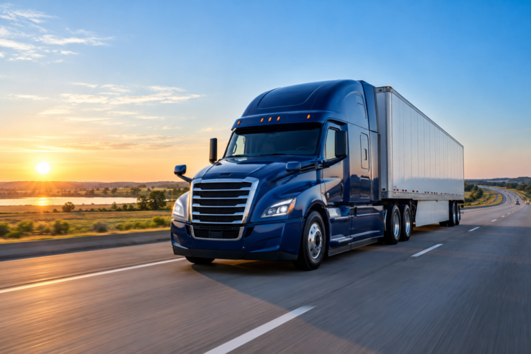 Blue semi truck traveling on an interstate at sunrise