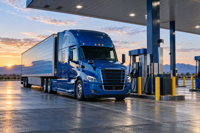 Blue semi truck at a diesel fuel island at dawn