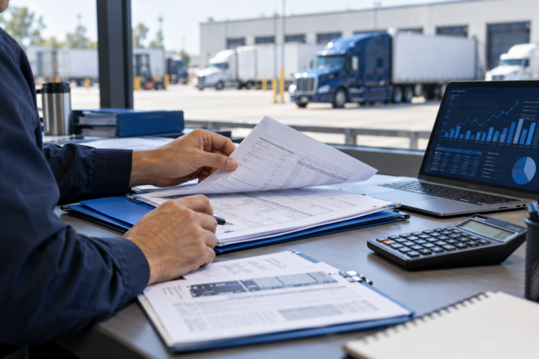 Freight documents organized beside a laptop and calculator